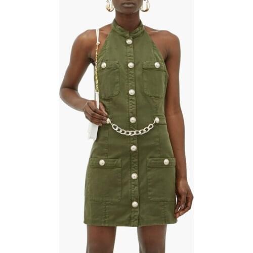 HIGH STREET Newest 2021 Designer Dress Womens Halter Neck Lion Buttons Embellished Chain Cotton Dress