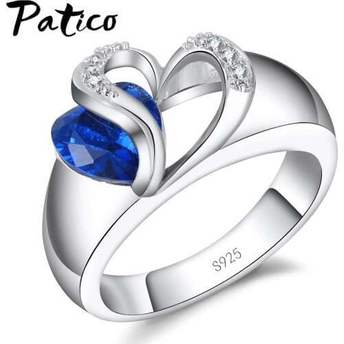 Blue CZ Crystal 925 Sterling Silver Finger Ring Heart Cubic Zirconia Stone for Women Engagement Anniversary Jewelry Gifts