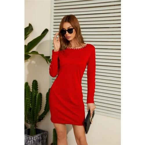 2021 Casual A-Line Dresses for Women O-Neck Long Sleeve Mini Dress Pearl 2021 Autumn Fashion Solid Dress Streetwear Vestidos
