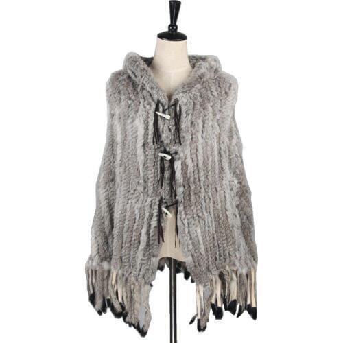 Womens Genuine Real Knitted Rabbit Fur Poncho Cloak with Hooded Tassels Lady Pashmina Cloak Shawls Female Wrap VF7020