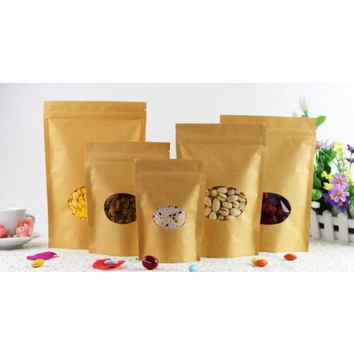 11*16+3cm 300pcs Stand Up Clear Window Brown kraft paper bags with Zipper lock for Food/Tea/Nut/Coffee Resealable Packaging Bag