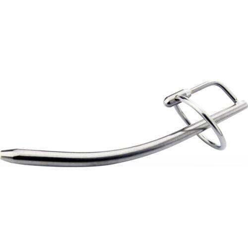 13CM Long Male Stainless Steel Curved Catheter W 2 Penis Ring Urethral Sounding Stretching Dilator Stimulate BDSM Sex Toy A032