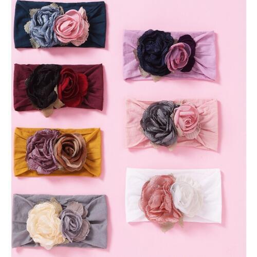 20 pcs/lot, Burned flowers on wide nylon headbands, baby toddlers flower nylon turban headwrap