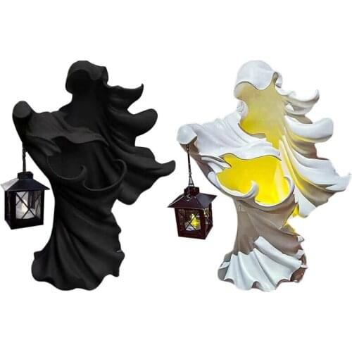 68UE Halloween Hell Messenger with Lantern Resin Statue Ornament Scary Ghost Lamp