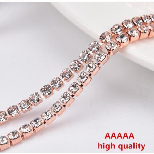 AAAAA Rhinestone Trim Clear Stone Crystal Cupchain Rose Gold Metal Base Wedding Decoration 5Yard/Lot 2.5mm/3mm/4mm Rhinestones