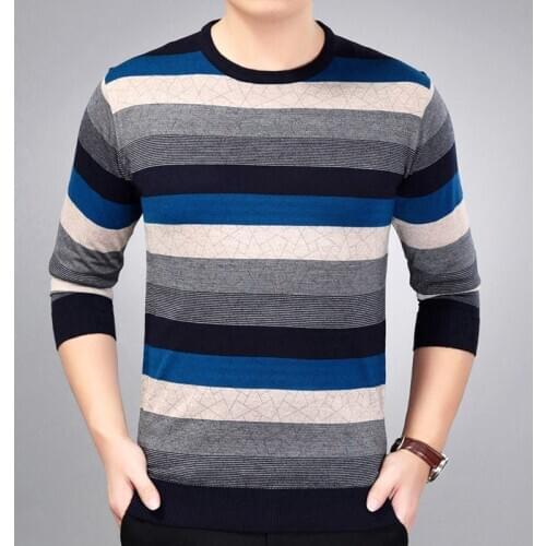 Brand Autumn Winter Sweater Men Fashion Striped Casual Pull Homme Top Soft Warm Cotton Wool Knitwear Pullover Men