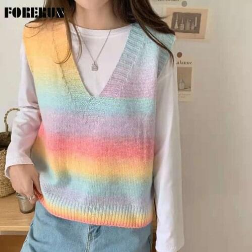 FORERUN Knitted Vest Rainbow Sleeveless Sweater V-neck Korean Style Fashion Loose Simple Long Sleeve Top Preppy Style Pullover