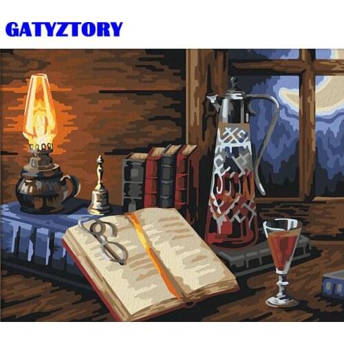 GATYZTORY Painting By Numbers DIY Dropshipping 60x75cm Oil Lamp By The Window And Book Still Life Canvas Decoration Art Picture
