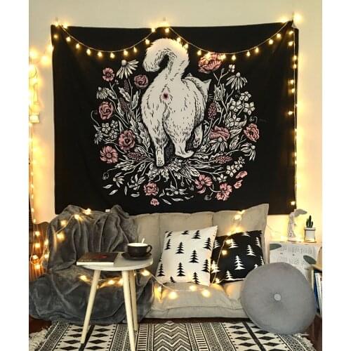 Tarot Ouija Witchcraft Boho Black Tapestry Cat Flower Rose Tapestries Wall Hanging Painting Cat Coven Wall Carpet Home Decor Art