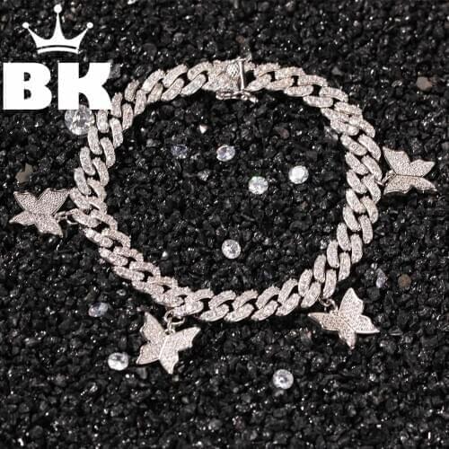 The hiphop 9mm Cuban Bracelet With Butterfly Mini Ankle Pink Cz Punk Miami Link Bling Hip Hop Jewelry For Gift