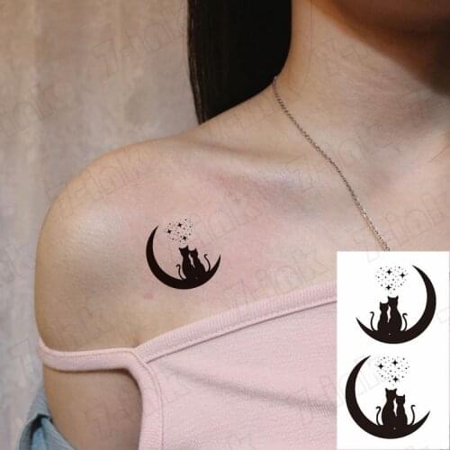 Water Transfer fake tattoo cute moon Couple cats tatoo Waterproof Temporary Tattoo flash tattoo for woman man 10.5*6 cm