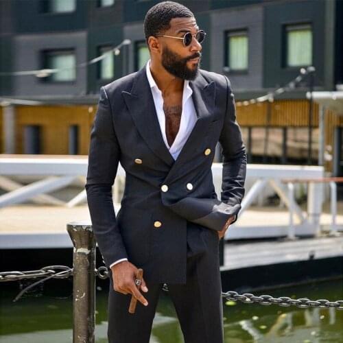 Black Mens Suit Peaked Lapel For Wedding Blazers Two Pieces Male Tuxedos Double Breasted Groom Wear Prom Jackets With Trousers