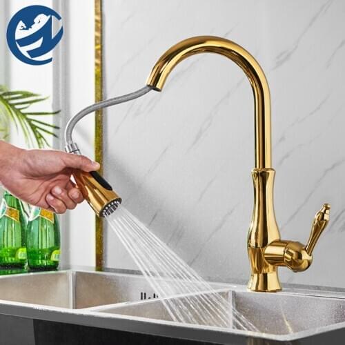 Brass Bright Golden Kitchen Faucet Pull Out Kitchen Sink Water Tap Single Handle Mixer Tap 360 Rotation Kitchen Shower Faucet
