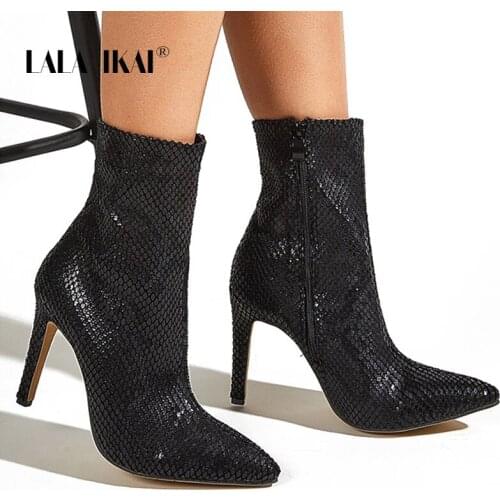 LALA IKAI Boots Women Autumn Winter 2020 Snake Print Ankle Boots 10CM High Heels Zipper Short Booties Fashion botas mujer C10538