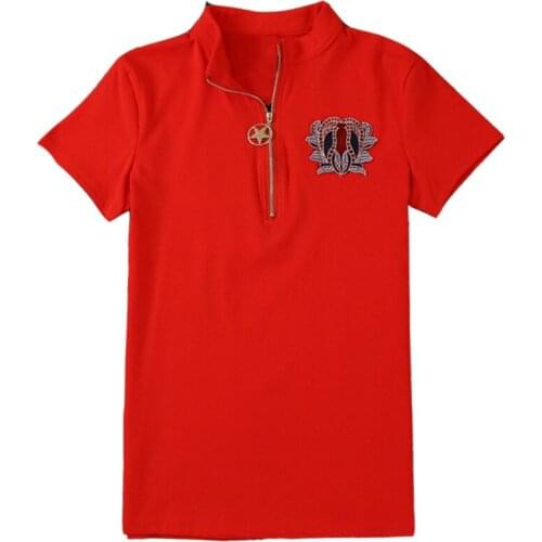 Summer Zipper Slim Cotton T Shirt Back Hollow Out Flowers Embroidery Short Sleeve Womens Tops