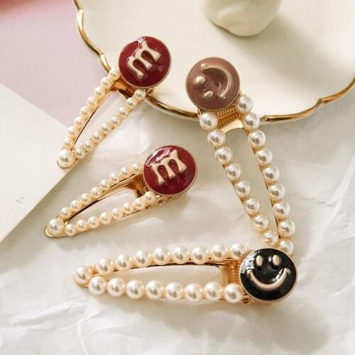 New Cute Smiling Face Pearl Hair Clip For Women Metal Barrette Letter Hairgrips Pearl Clip Alloy Hairpins Girls Hair Accessories
