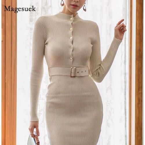 Neck Slim Single-breasted Hip Split Dress Autumn New Korean Knitted Dress Elegant Round Female Long Sleeve Sashes Dress 12921