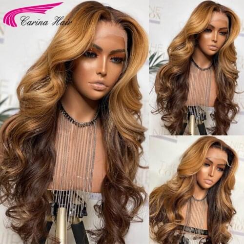 Ombre Honey Blonde 180% Lace Front Human Hair Wig Wavy Ombre Highlight Color Pre Plucked Brazilian Remy Lace Frontal Wigs