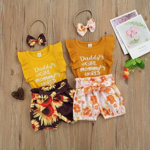 OPPERIAYA 3Pc Newborn Outfit Baby Girls Ribbed Letter Print Fly Sleeve Round Neck Bodysuit Tie Up Floral Shorts Bowknot Headband