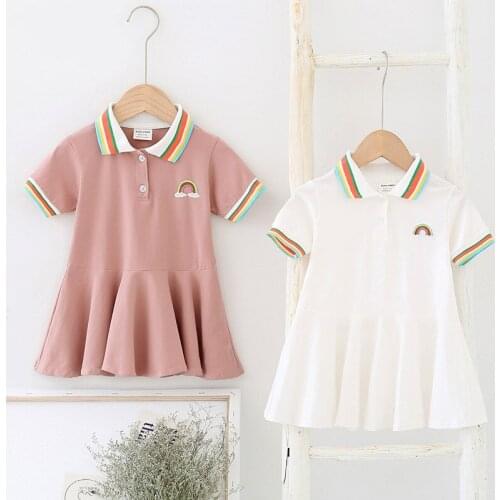 Baby Girls Dress Fashion Rainbow Lapel Short Sleeve Dress for Girl Kids Clothing Casual College Style Toddler Girl Pleated Dress