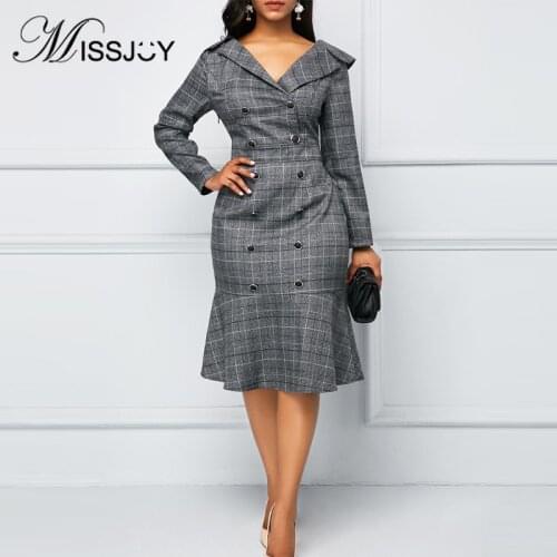 MISSJOY New Office Work Dress Women 2019 Autumn Formal Button Long Sleeve Plaid Business Elegant Midi Femme Plus Size High Waist
