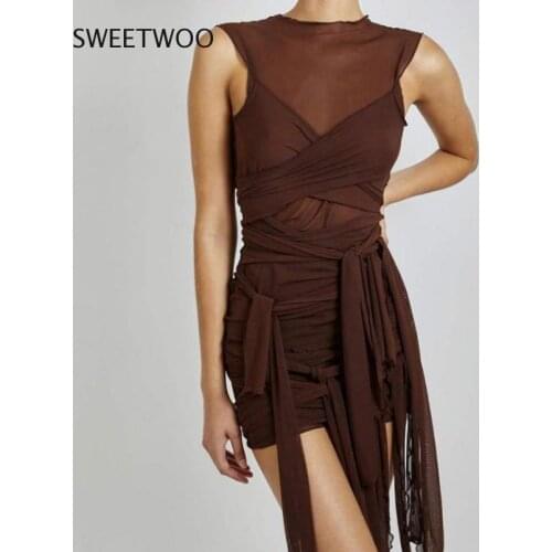 Ribbons Mesh See Through Party Dresses Women Sexy Clubwear Mini Dress Solid Sleeveless Basic Female Outfits