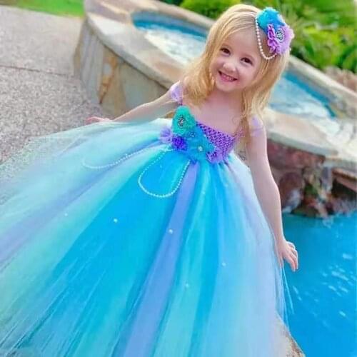 Blue Flower Girls Wedding Dresses for Kids Girls Summer Dress Ball Gown Evening Tutu Dress Girls Children Prom Princess Party
