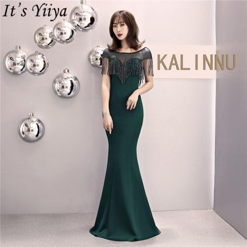 Its Yiiya Tassel evening dress zipper back Short sleeve long party gowns O-neck Hand-making mermaid formal Prom dresses C084