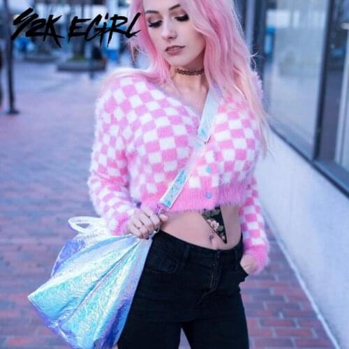 Y2K EGIRL Cute Pink Plaid Kawaii Knitted Cardigans 2000s Aesthetics Checkered Single-breasted Long Sleeve Y2K Sweaters Fashion