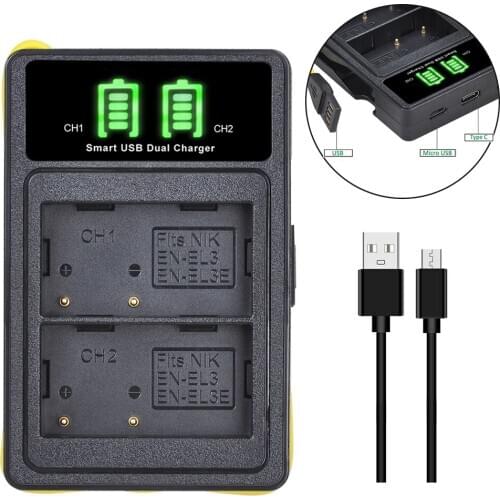 1Pcs EN-EL3E EN-EL3e EN EL3E ENEL3E LED Dual USB Battery Charger for Nikon D30 D50 D70 D80 D90 D100 D200 D300 D700 Camera