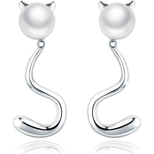 Anna Queen Cute Lovely Cat Pearl Dangle Drop Earrings for Women Elegant Jewelry Birthday Gift PEW00016