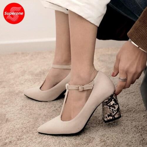 Superone Plus Size 32-46 Women Pumps T-Strap Fashion Snake Print High Heels Shoes Women Sexy Pointed Toe Buckle Party Footwear