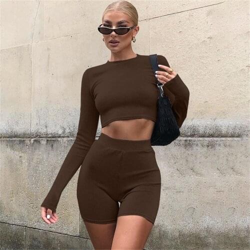 Women New Sets Clothes 2021 Elegant Solid Summer Fashion Round Neck Top Slim High-waisted Shorts 2-Piece Outfit For Black Girl