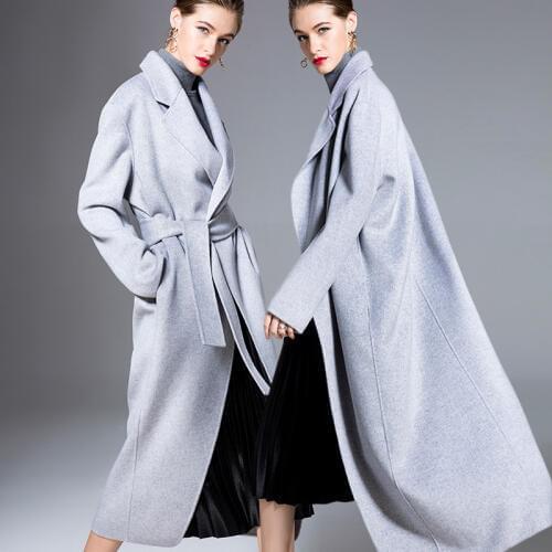 Long woolen blends cashmere coats for women 2019 autumn winter ladies jackets plus size overcoat light blue belt warm casual