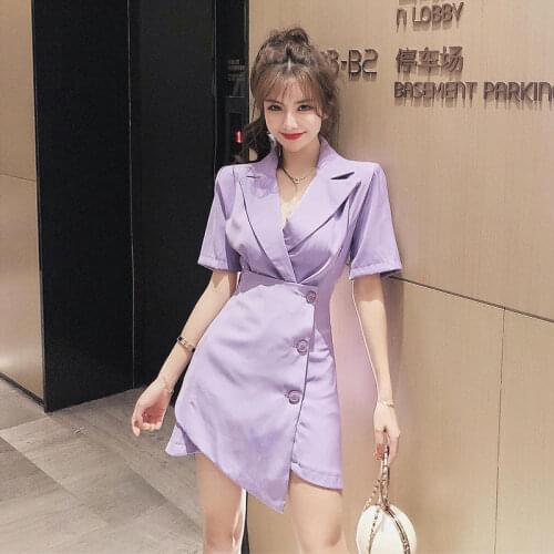 2021 New Casual Summer Dress Collar Dress Thin Irregular Waist Design Goddess Office Style Short Sleeve Sexy Suit Dress