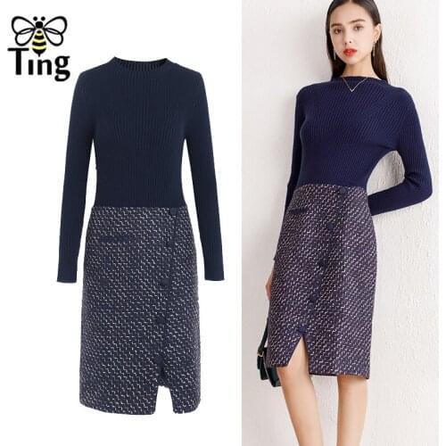 Tingfly Vintage Elegant Office Lady Work Dress Retro High Quality Knitting Top Patchwork Tweed Mini Dress Bodycon Vestidos Plus