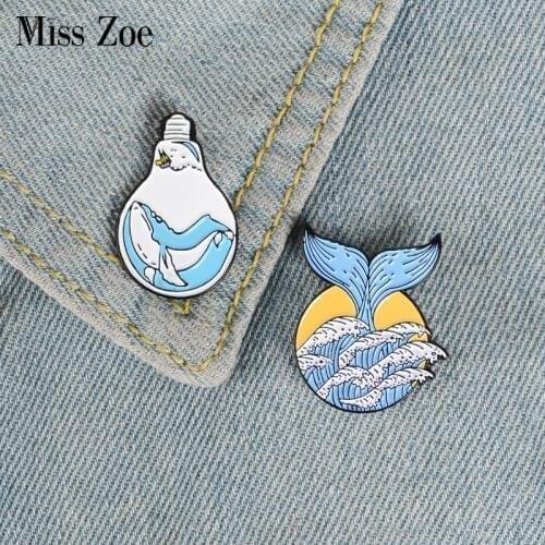 Fantasy Ocean Enamel Pin Mermaid tail Whale Bulb Brooches Bag Clothes Lapel Pin Sea Ocean Wave Badge Jewelry Gift for Friends