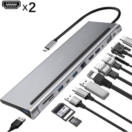 12-in-1 Fast Type C USB Hub For Dual 4K Docking station dual baseus RJ45 Pd USB 2.0 Charging VGA Audio Jack 3.5mm Adapter