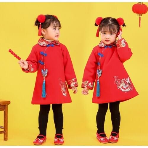 2020 Chinese Top Kids Tangsuit New Year Clothes Emboridery Carp Hanfu Baby Girl Qipao Dress