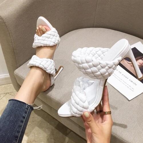 2021 Fashion Women High Heels Slippers Weave Sandals Leather Luxury Designer Sexy Pumps Woman Shoes Slides Ladies Mules White