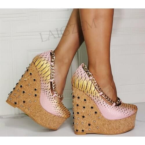 BERZIMER Women Platform Wedges Studded Heels Pumps Mix Colors Chains Party Cosplay Unisex Shoes Woman Large Size 43 44 45 46 52