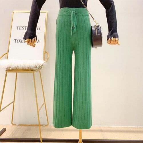 2021 Women Autumn Winter New High Waist Casual Pants Female Drawstring Loose Knitted Pants Ladies Wide Leg Pants Trousers M718