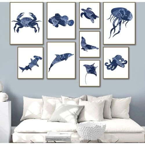 Dolphin Shark Sea Turtle Crab Marine Life Wall Art Canvas Painting Nordic Posters And Prints Wall Pictures For Living Room Decor