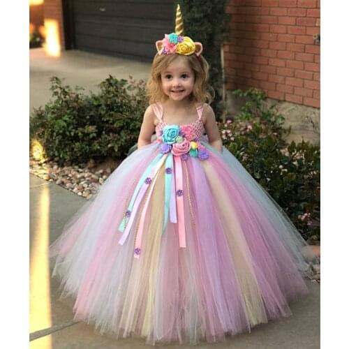 Girls Pastel Unicorn Dress Kids Flower Tutu Dress Long Ball Gown with Hairbow Children Birthday Party Costume Cosplay Dresses