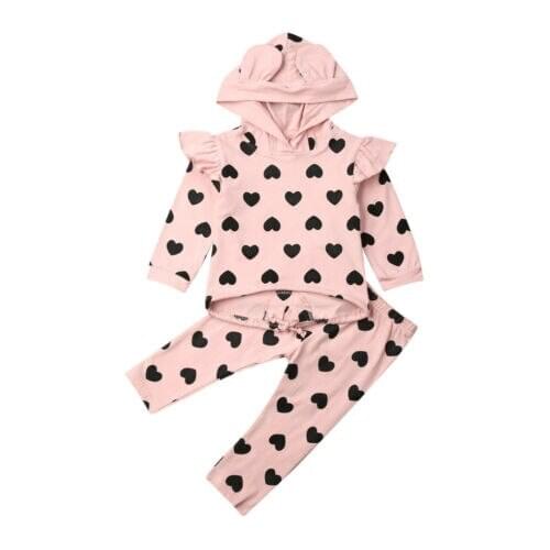 Focusnorm 1-5 Years Sweet Child Toddler Baby Girls Clothing Set Kid Top Short Ear Hooded Pullover Print Heart Pants Clothes