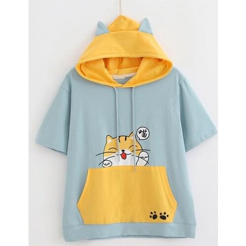 Harajuku Mori Girl Anime Cat Kawaii T Shirt Women Casual Cute Summer Cartoon Tees College Girls Pink Tops Femme Hooded T-shirts