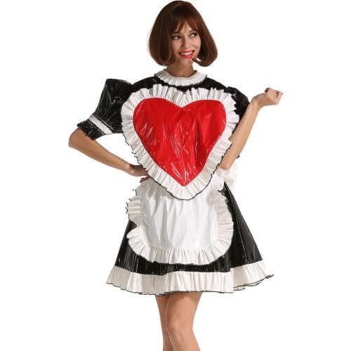 Sissy Maid Big Red Heart Lockable Long Dress Cosplay Costume Crossdress Uniform