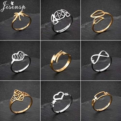 Jisensp Geometric Fashion Square Round Heart Shape Finger Rings for Women Girls Simple Creative Stainless Steel Adjustable Ring