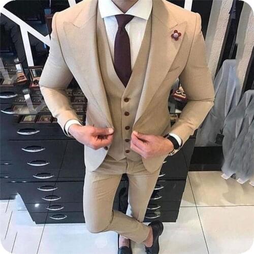 Classic Peak Lapel Wedding Tuxedos Slim Fit Suits For Men Groomsmen Suit Three Pieces Prom Formal Suits (Jacket+Pants+Vest+Tie)