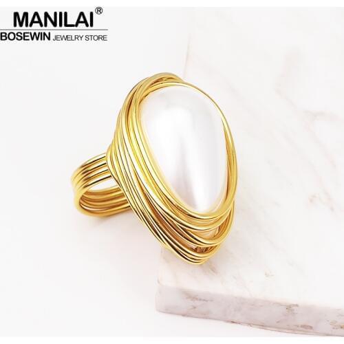MANILAI Handmade Wire Spiral Statement Rings Women Charm Simulated Pearl Rings Finger Statement Rings Party Jewelry